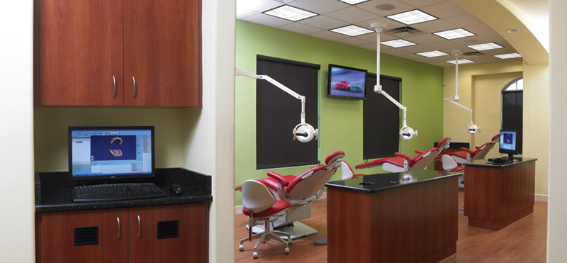 The wall color was chosen in order to promote a soothing and relaxing environment. Equipped with Belmont Clesta lights Summit Dental chairs and stools