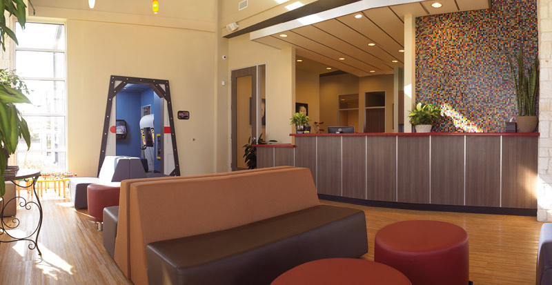 The entire office, beginning with the waiting area, was designed to be welcoming and comfortable for children and their parents, yet durable.