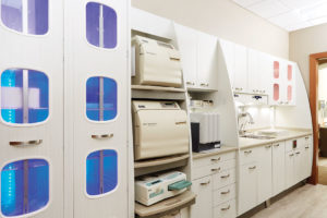 The sterilization center is customized from Pelton & Crane, outfitted with the best possible equipment, including Midmark M11 sterilizers.